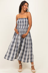 Black Plaid Smocked Strapless Maternity Midi Dress