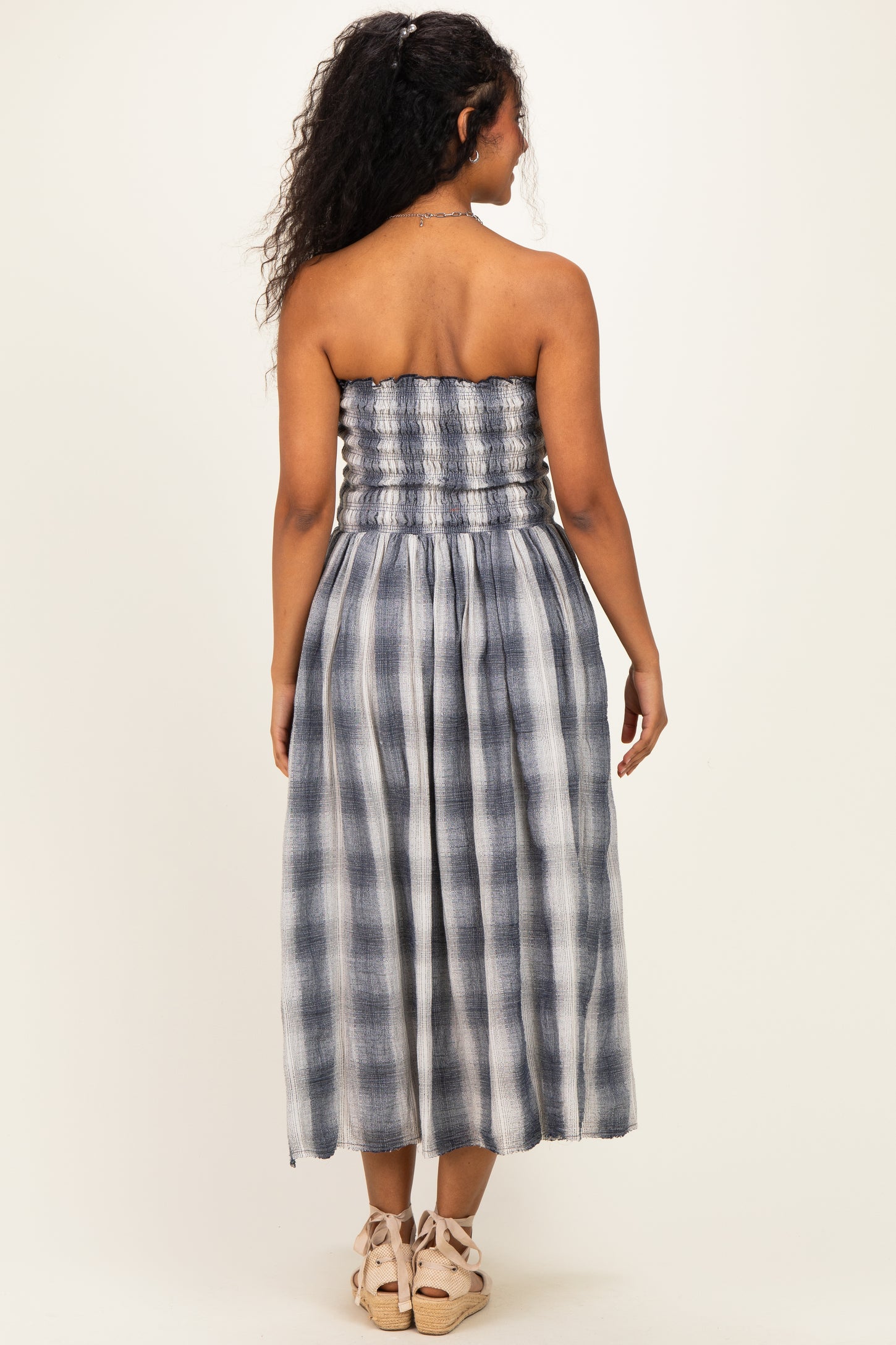 Black Plaid Smocked Strapless Maternity Midi Dress