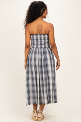 Black Plaid Smocked Strapless Maternity Midi Dress