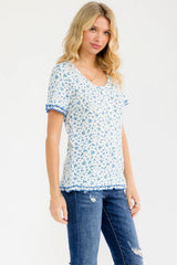 Blue Floral Ruffle Trim Henley Short Sleeve Top