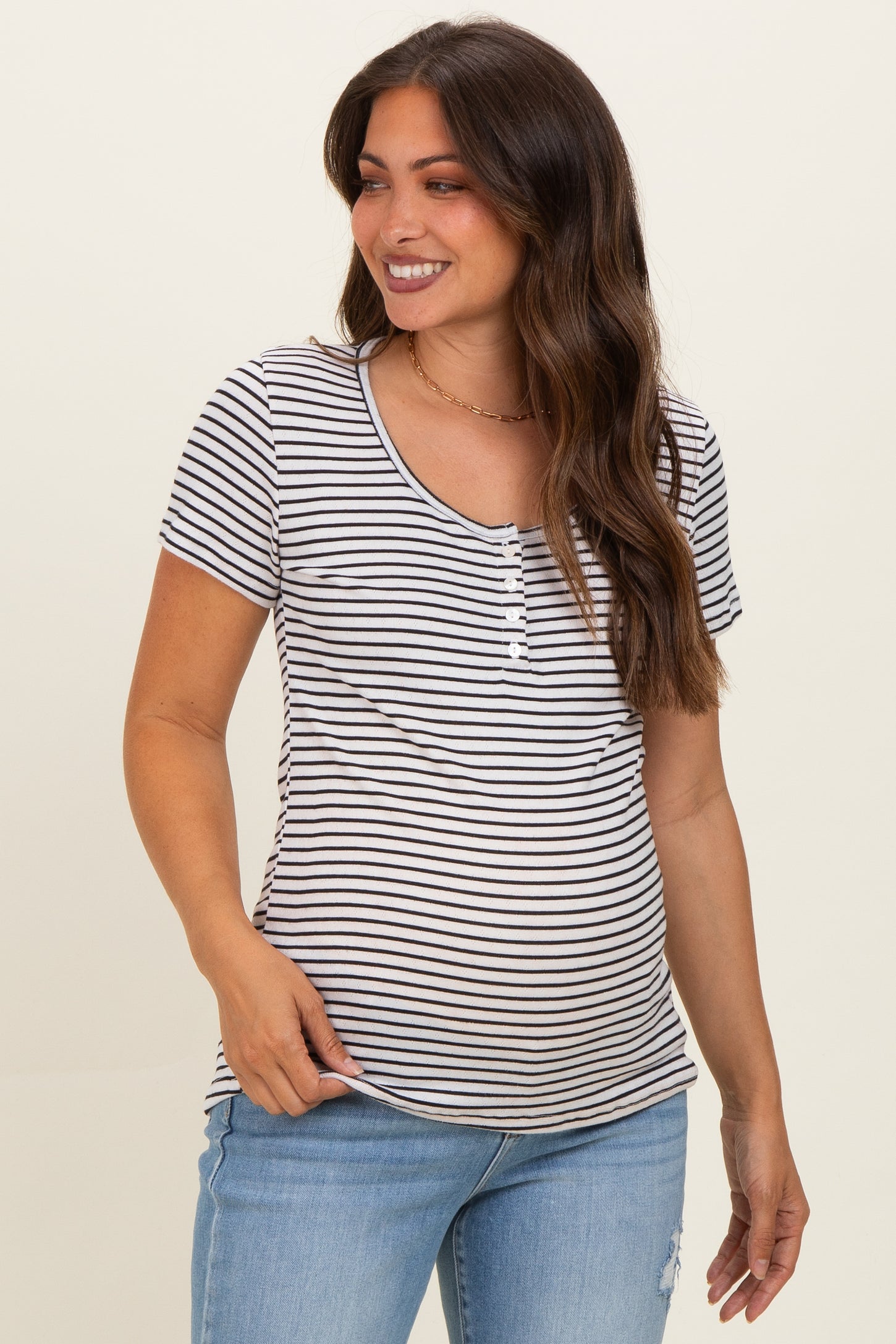 Black Stripe Scoop Neck Henley Maternity Top