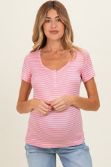 Pink Stripe Scoop Neck Henley Maternity Top