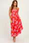 Red Floral Pleated Cutout Back Midi Dress