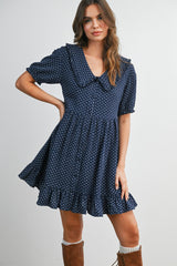 Navy Printed Ruffle Accent Maternity Shirt Dress