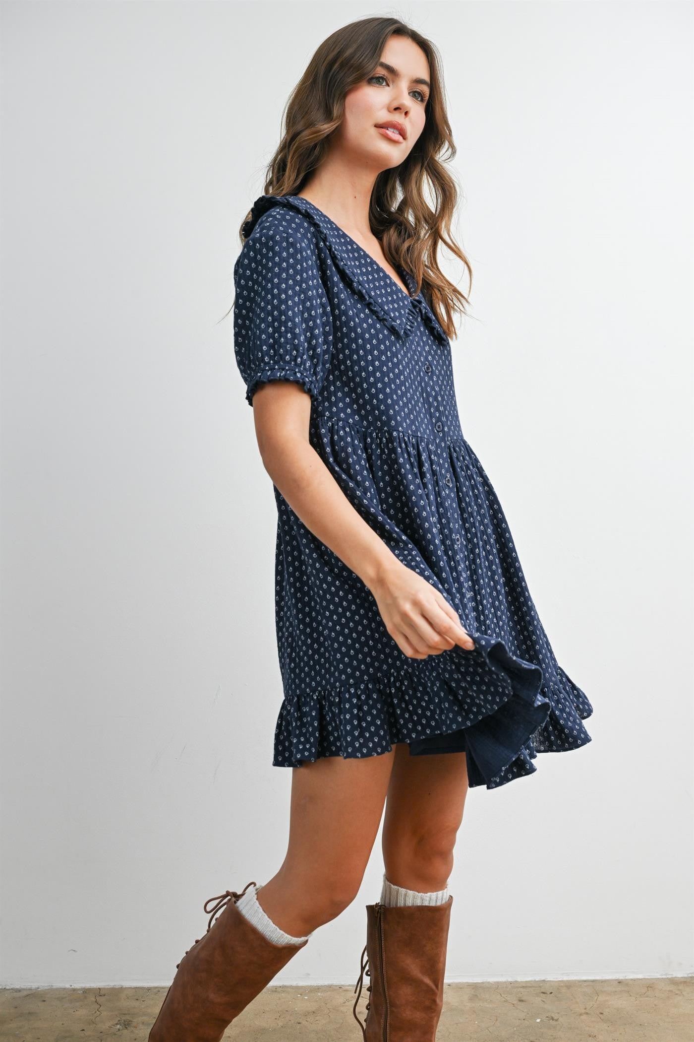 Navy Printed Ruffle Accent Shirt Dress