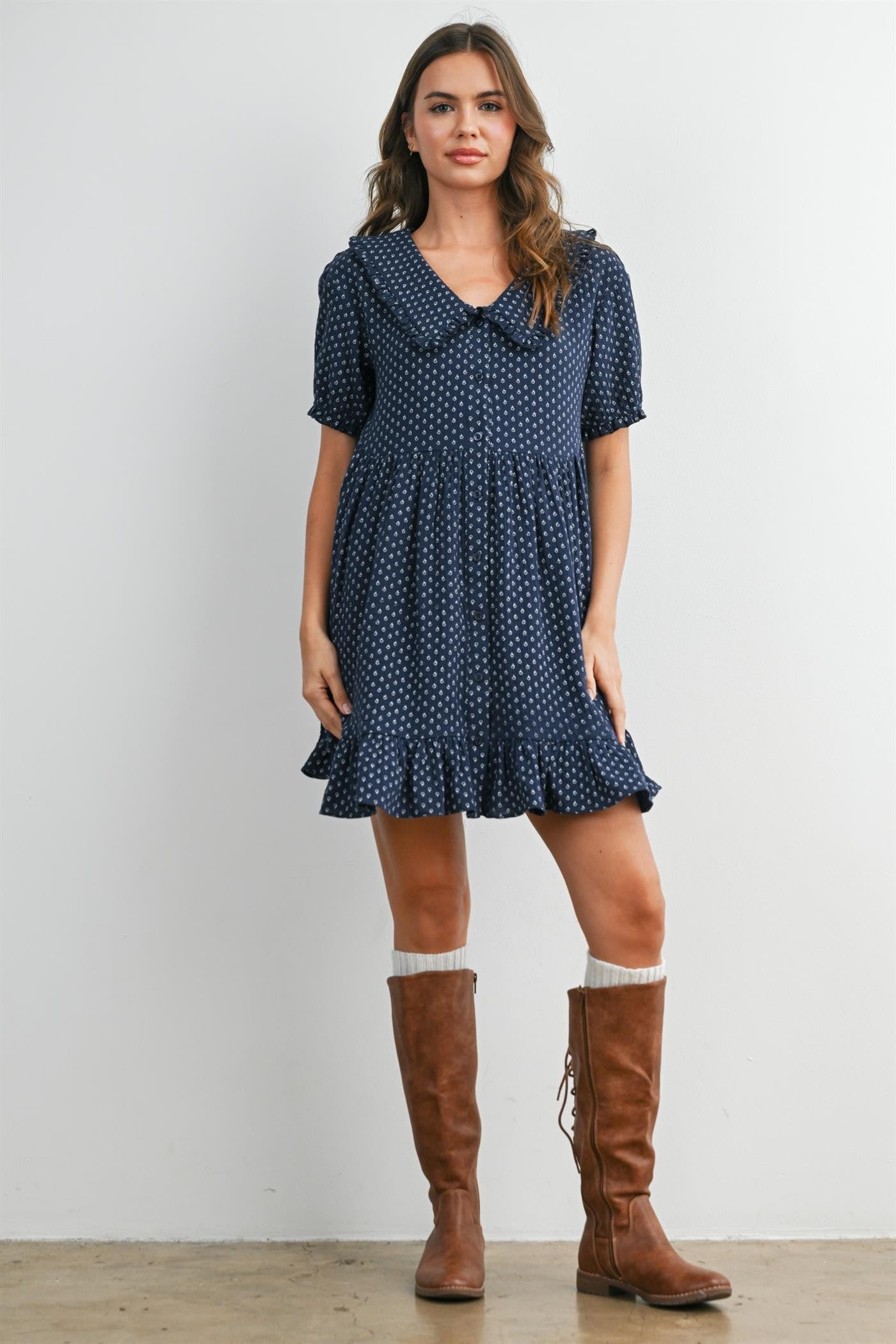 Navy Printed Ruffle Accent Shirt Dress
