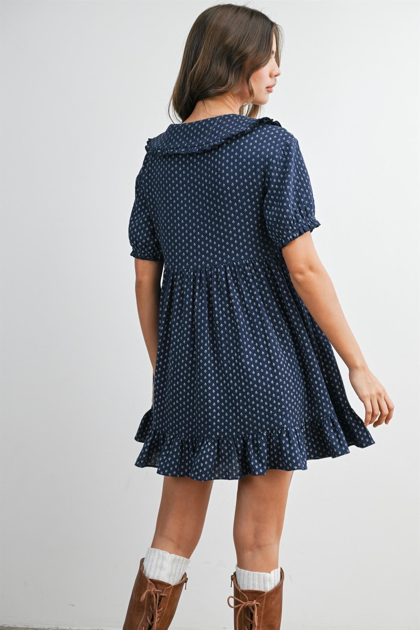 Navy Printed Ruffle Accent Shirt Dress