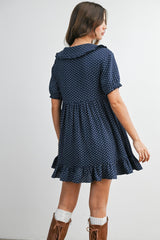 Navy Printed Ruffle Accent Shirt Dress