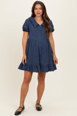 Navy Printed Ruffle Accent Maternity Shirt Dress