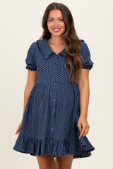 Navy Printed Ruffle Accent Maternity Shirt Dress