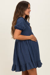 Navy Printed Ruffle Accent Maternity Shirt Dress