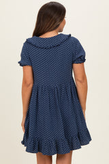 Navy Printed Ruffle Accent Maternity Shirt Dress