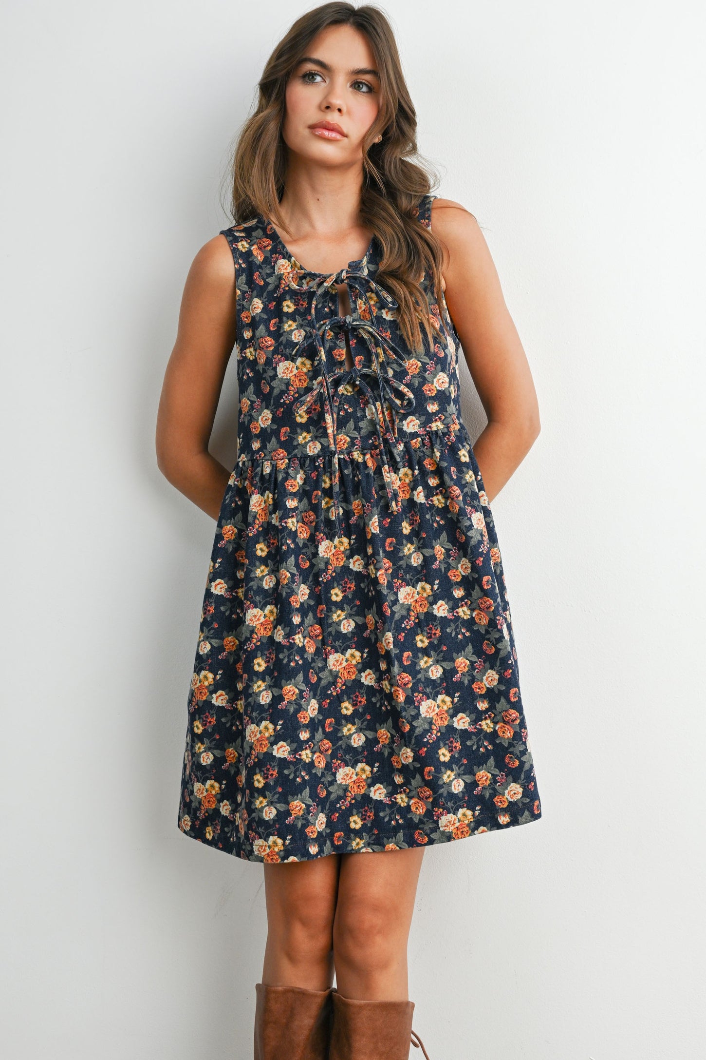 Dark Denim Floral Tie Front Mini Dress