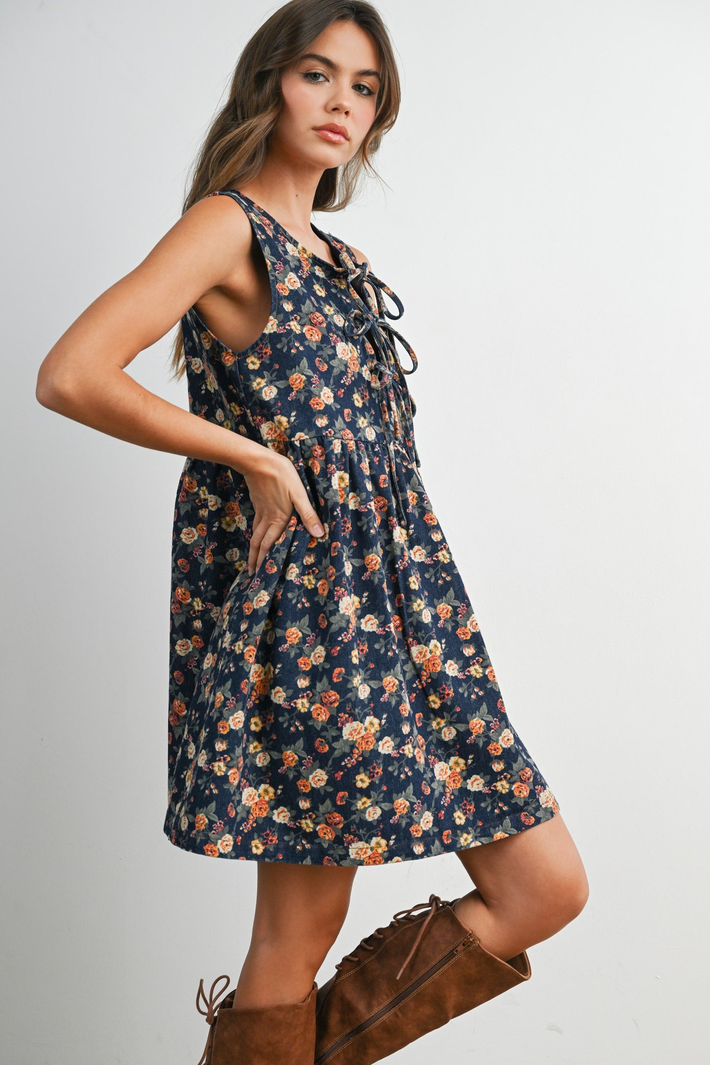 Dark Denim Floral Tie Front Mini Dress