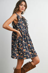 Dark Denim Floral Tie Front Mini Dress