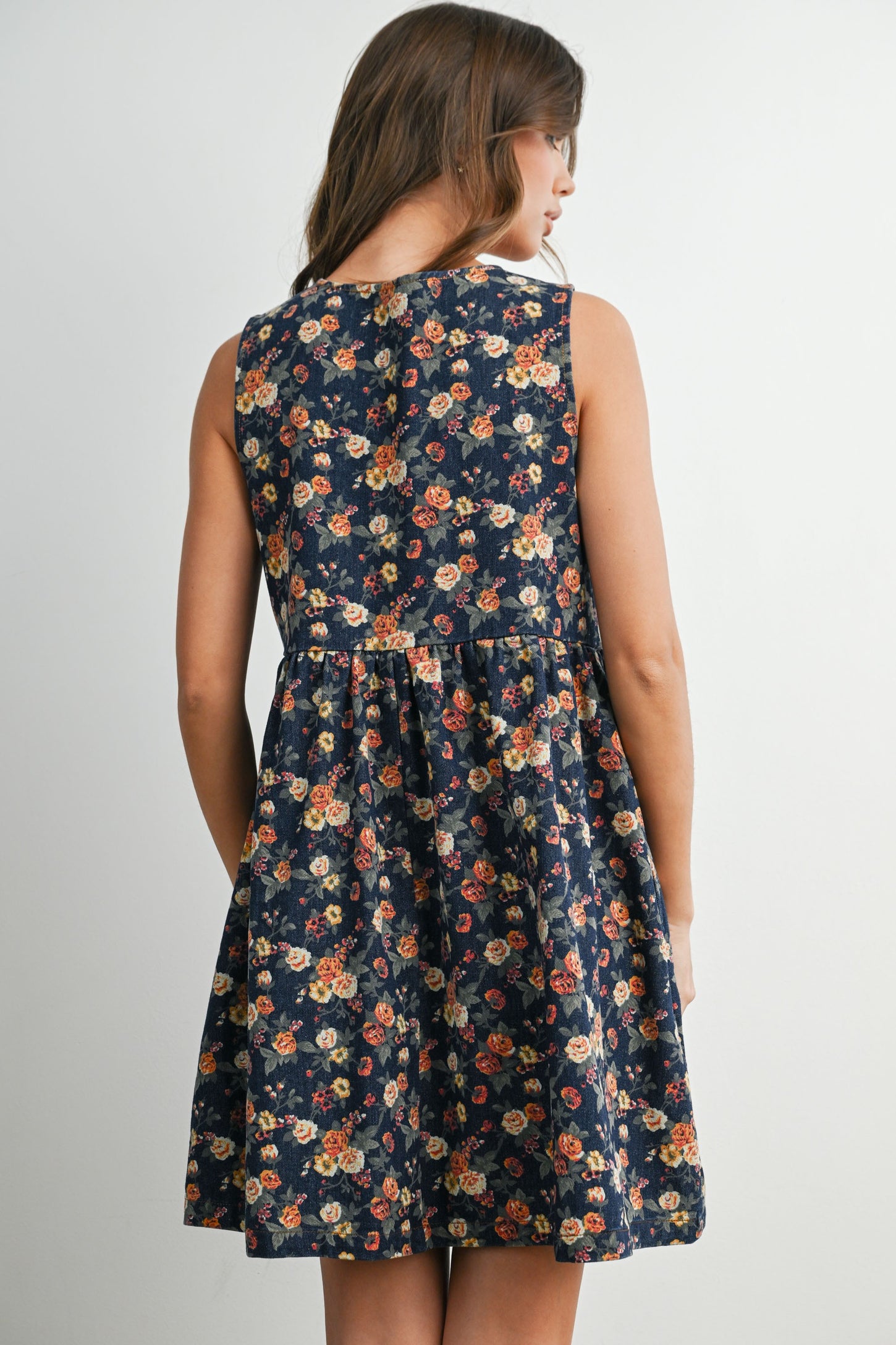 Dark Denim Floral Tie Front Mini Dress