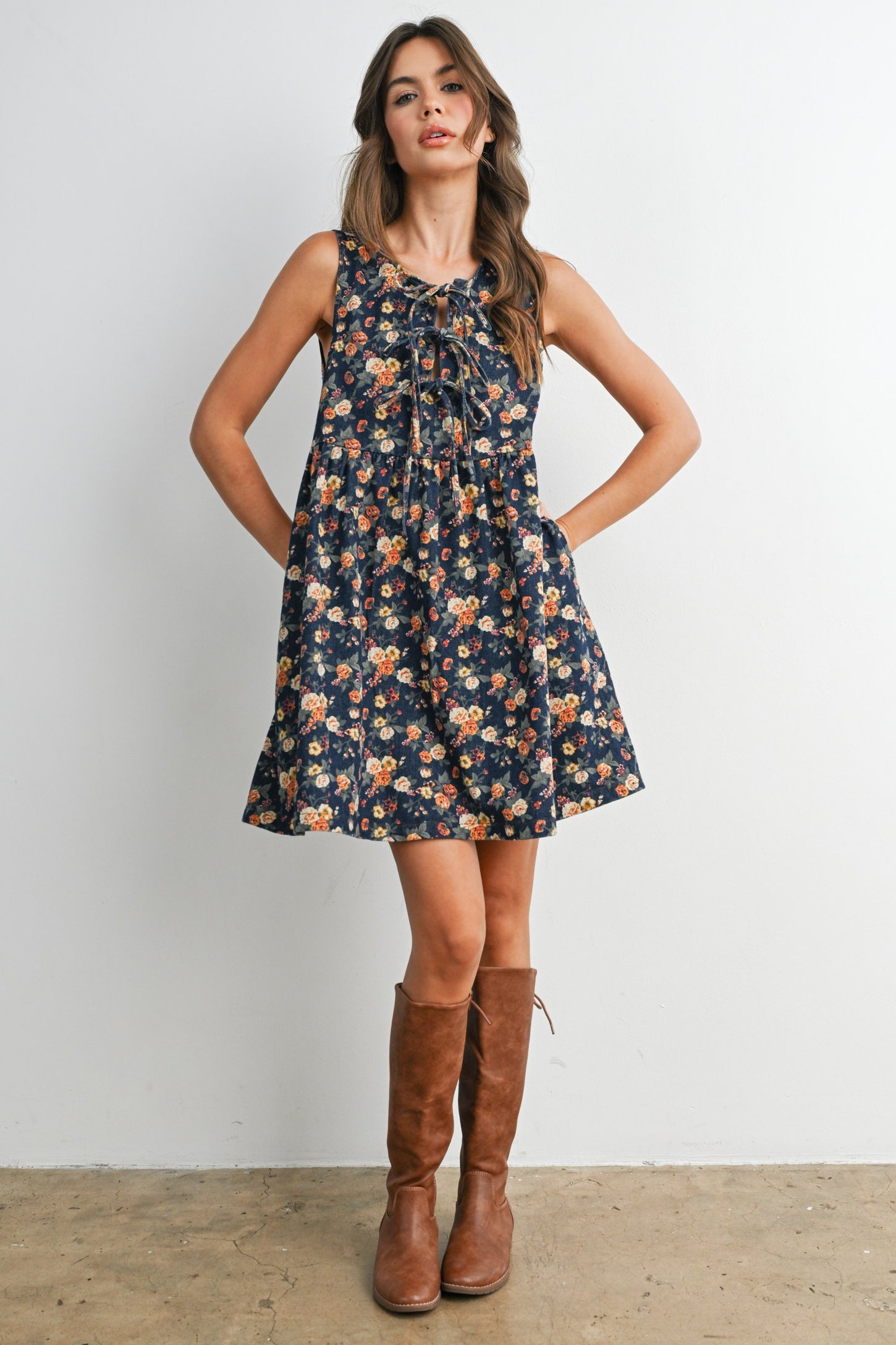 Dark Denim Floral Tie Front Mini Dress