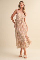 Light Pink Floral Tassel Strap Midi Dress