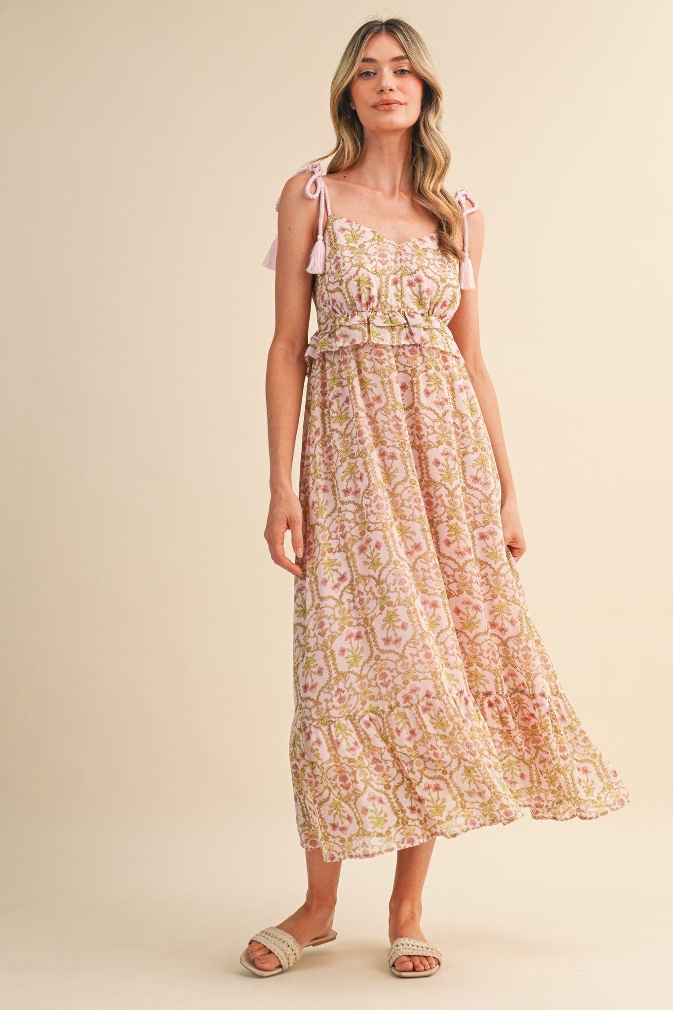 Light Pink Floral Tassel Strap Midi Dress