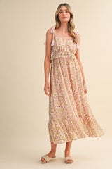 Light Pink Floral Tassel Strap Midi Dress