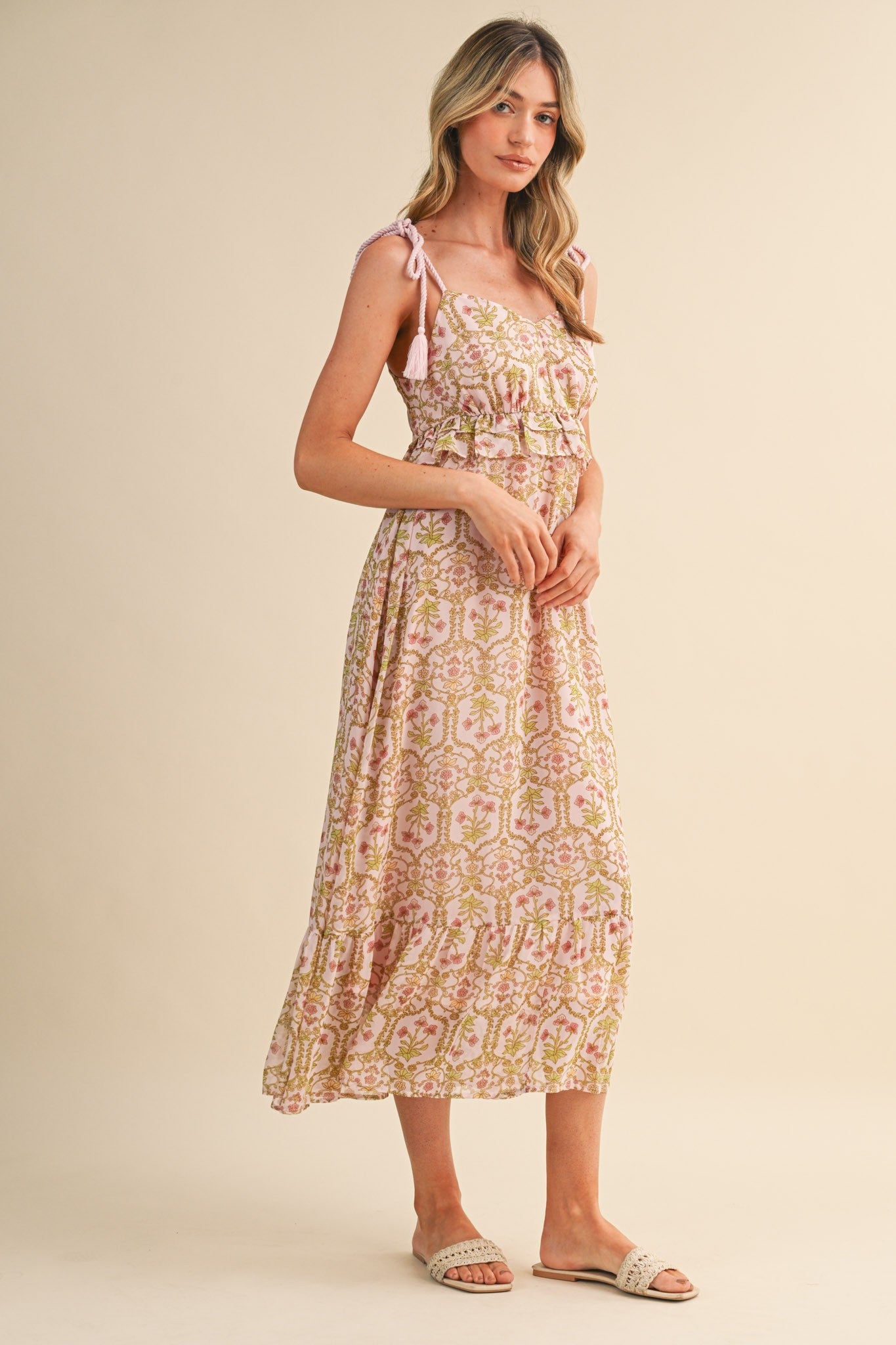 Light Pink Floral Tassel Strap Midi Dress