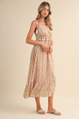Light Pink Floral Tassel Strap Midi Dress