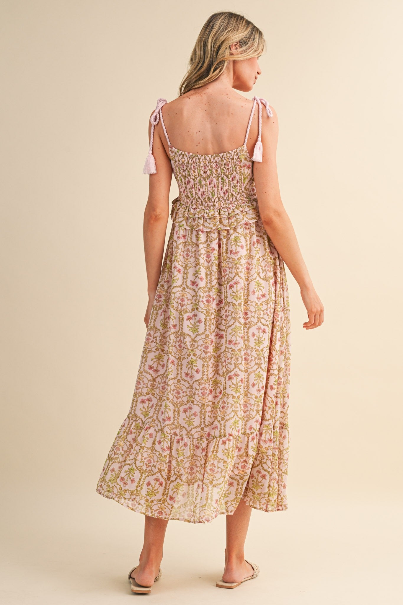 Light Pink Floral Tassel Strap Midi Dress