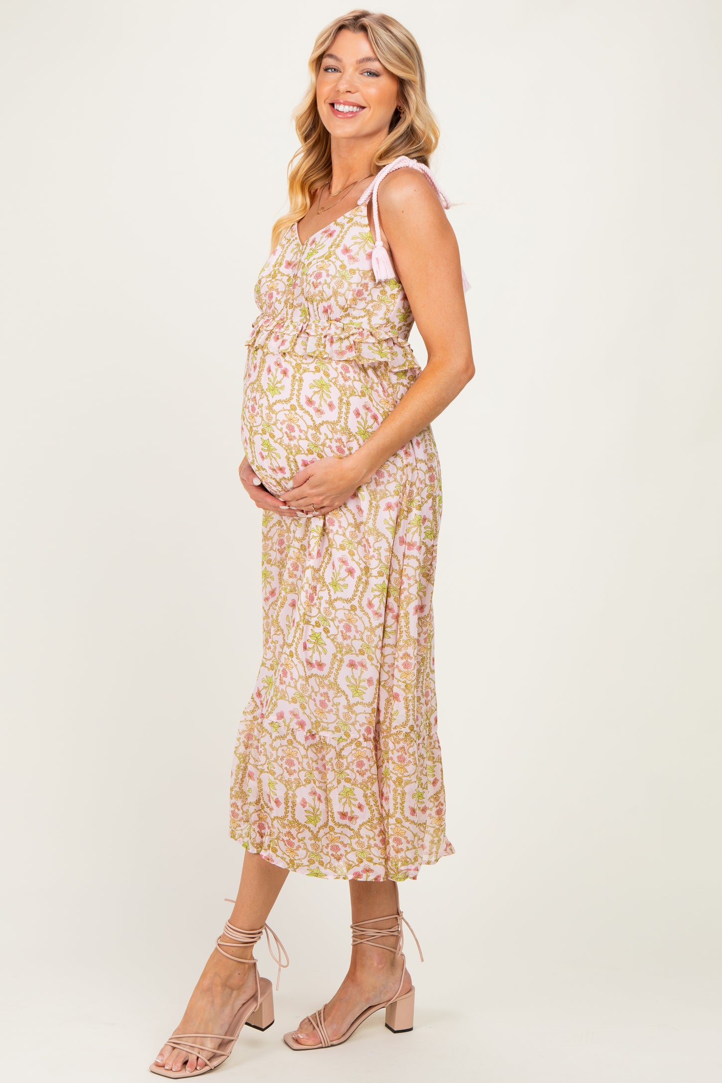Light Pink Floral Tassel Strap Maternity Midi Dress