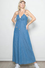 Light Navy Chambray Beaded Front Tie Maxi Dress