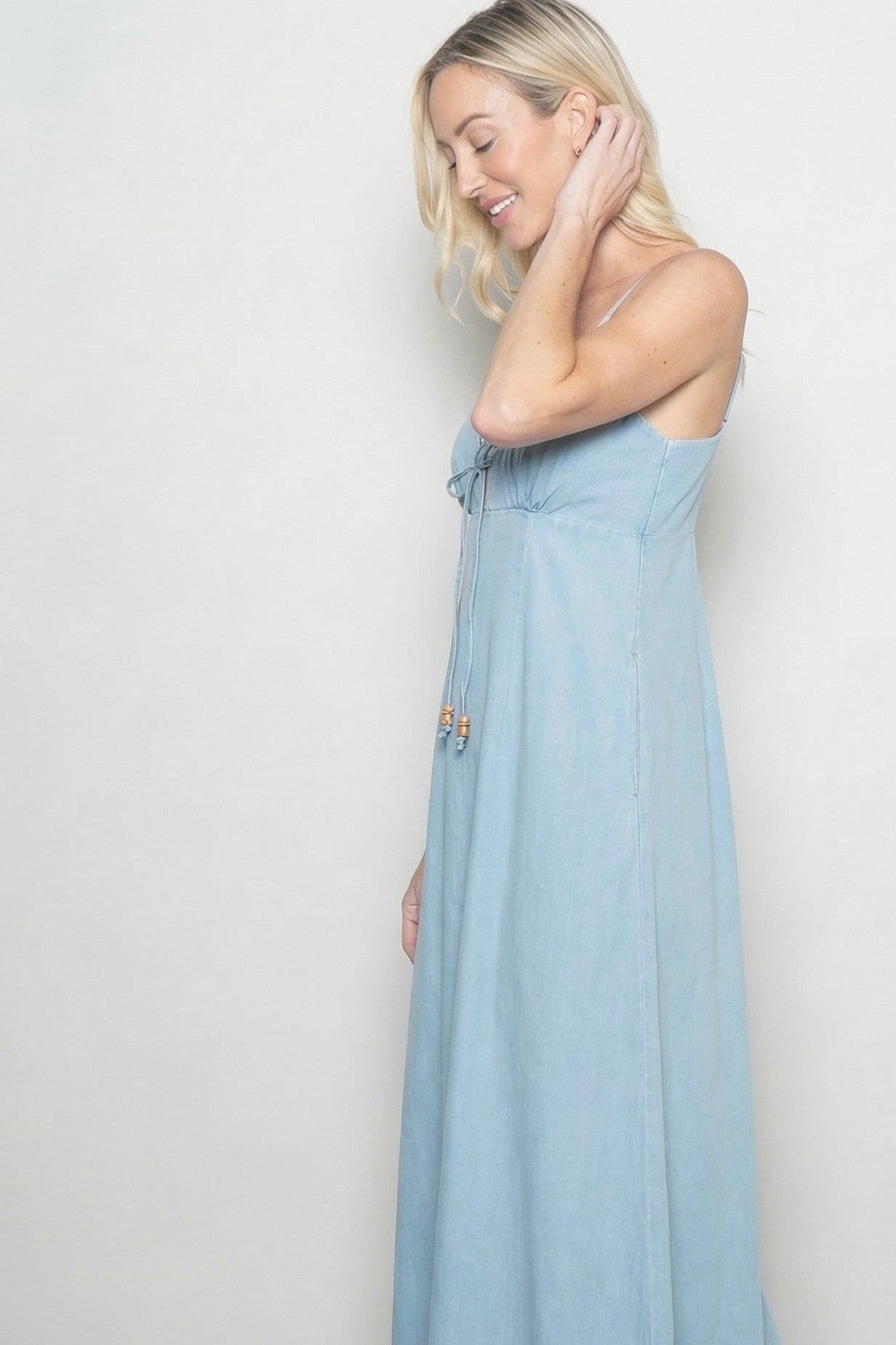 Light Blue Chambray Beaded Front Tie Maxi Dress