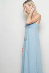Light Blue Chambray Beaded Front Tie Maxi Dress