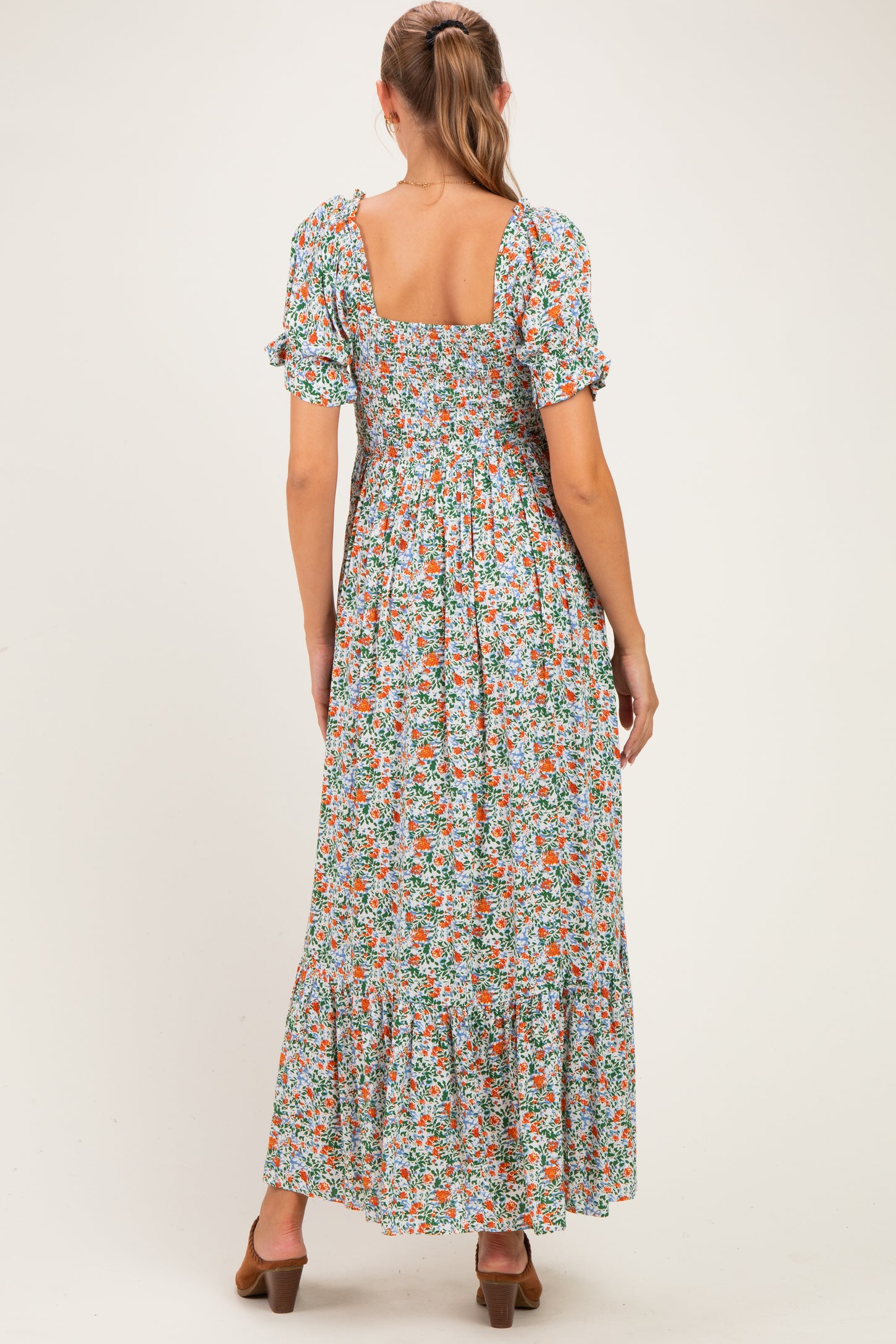 Cream Vintage Floral Smocked Puff Sleeve Maternity Maxi Dress