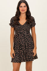 Black Floral Smocked V-Neck Puff Sleeve Maternity Dress