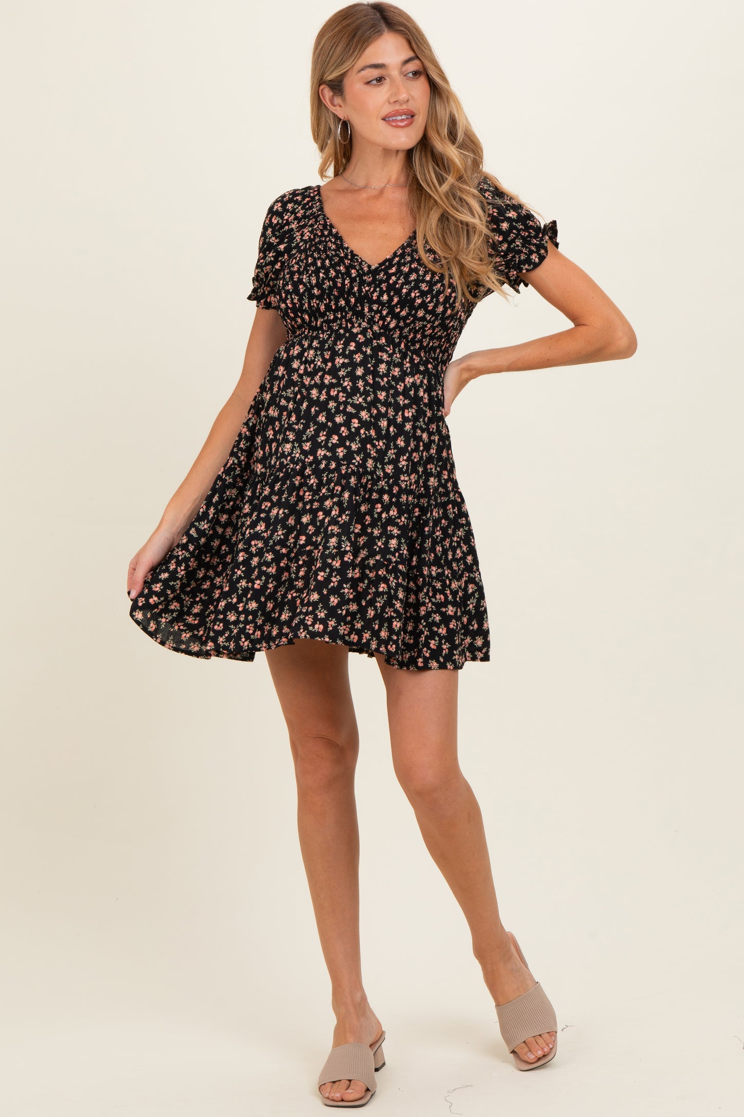 Black Floral Smocked V-Neck Puff Sleeve Maternity Dress