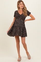 Black Floral Smocked V-Neck Puff Sleeve Maternity Dress