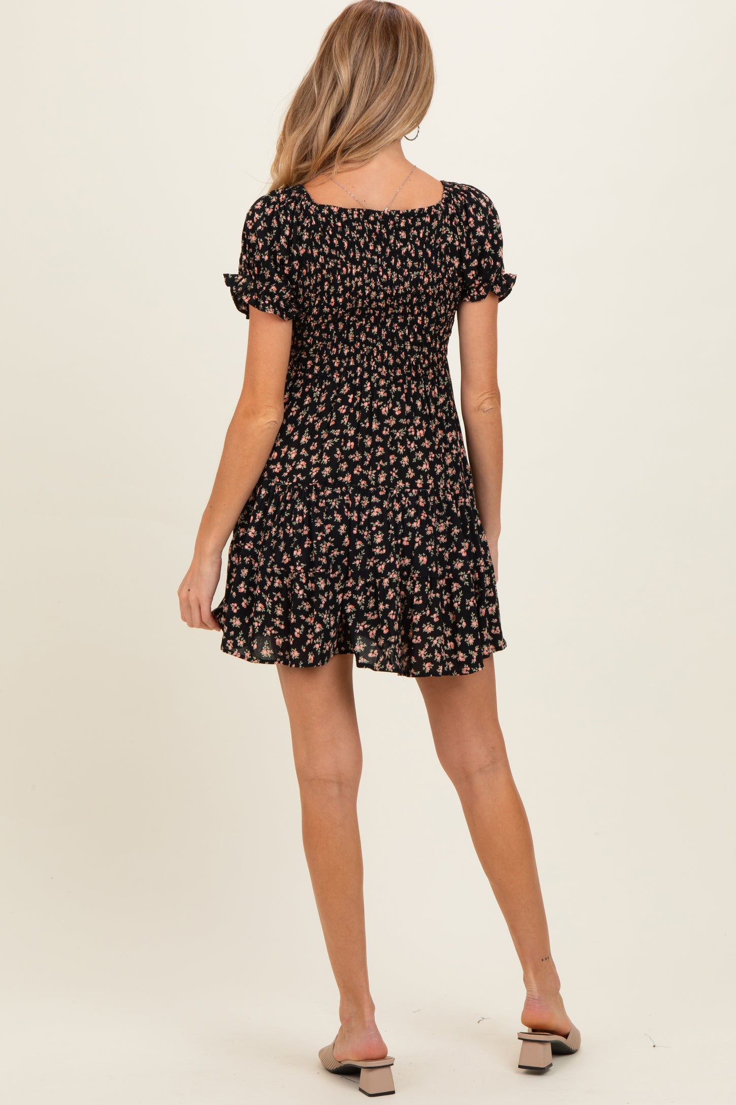 Black Floral Smocked V-Neck Puff Sleeve Maternity Dress