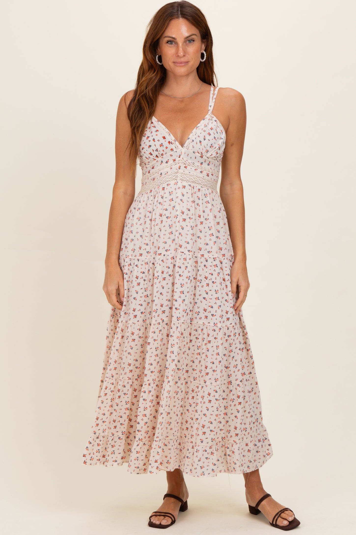 Ivory Printed Lace Inset Tiered Maternity Maxi Dress