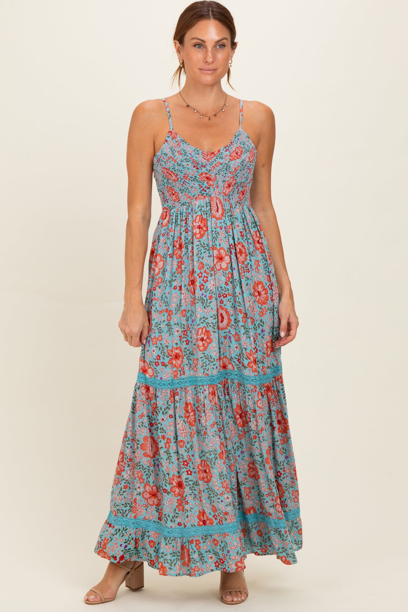 Mint Smocked Bust V Neck Lace Trim Maternity Maxi Dress