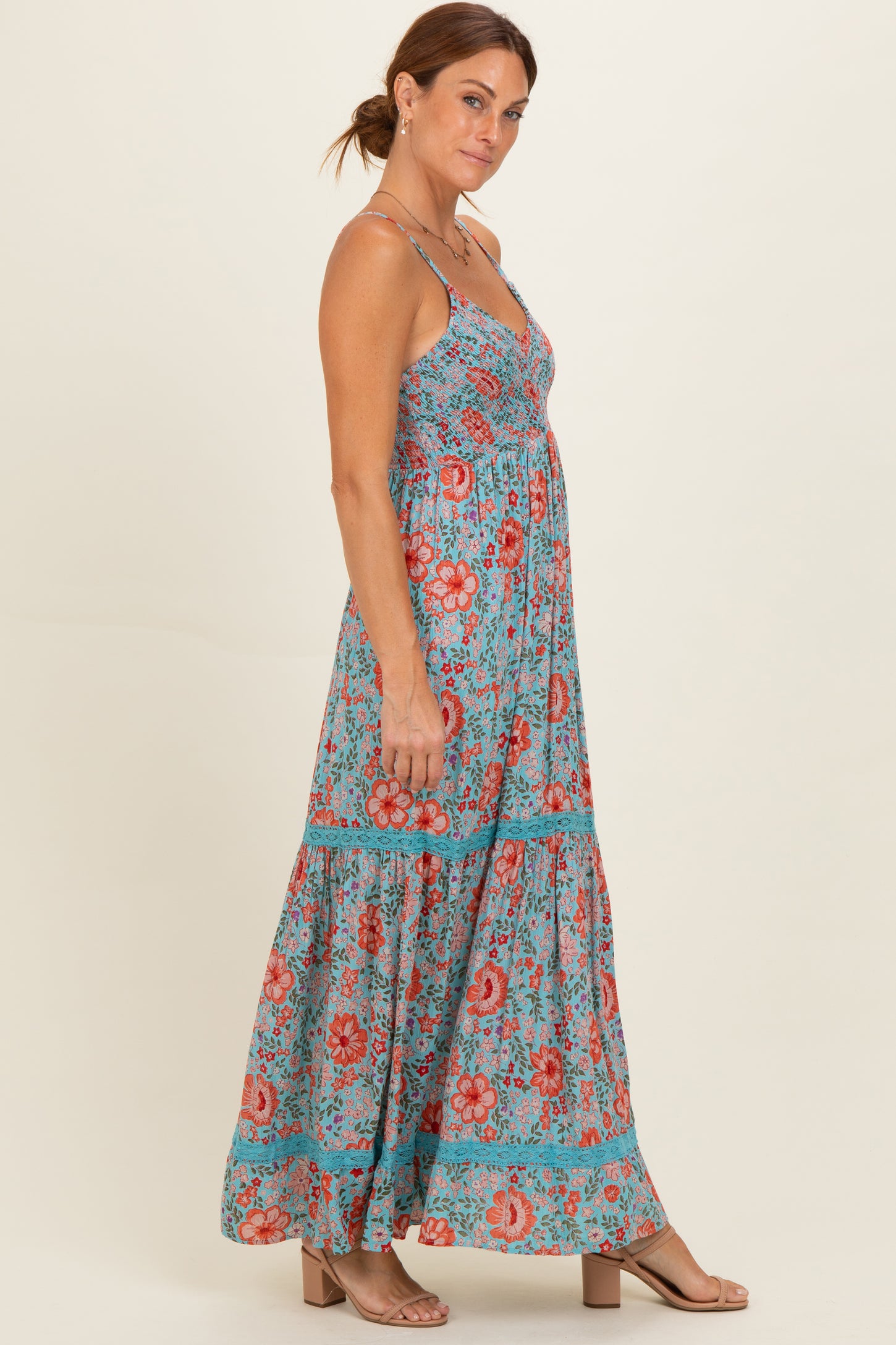 Mint Smocked Bust V Neck Lace Trim Maxi Dress