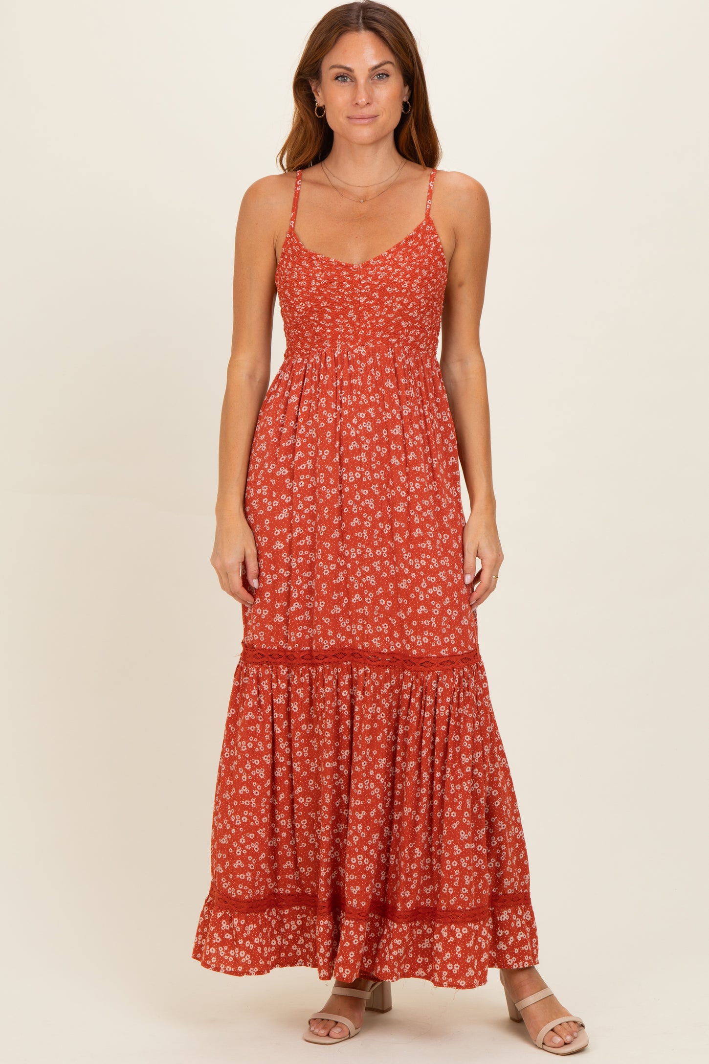 Rust Smocked Bust V Neck Lace Trim Maternity Maxi Dress