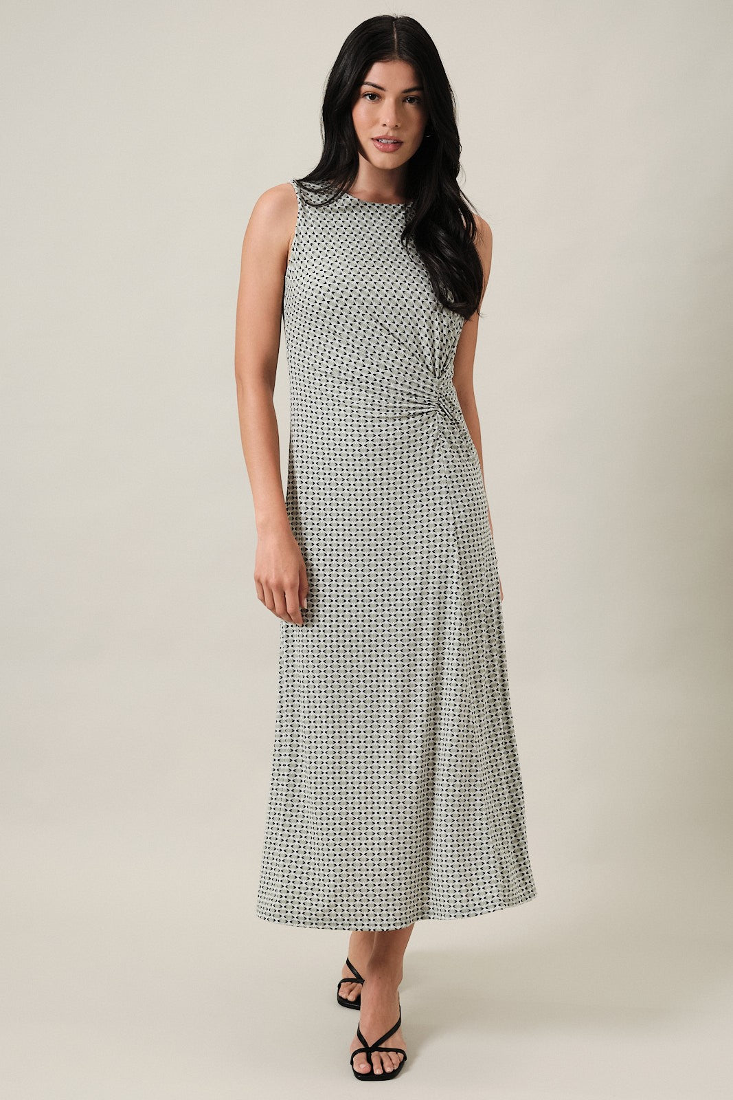 Sage Printed Gathered Side Knot Midi Dress