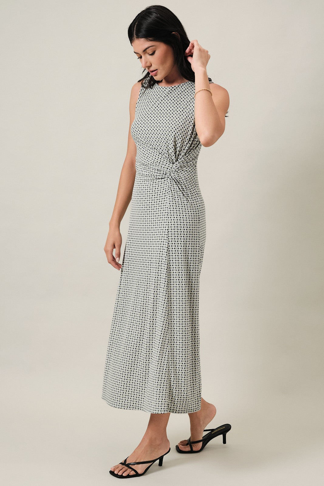 Sage Printed Gathered Side Knot Midi Dress