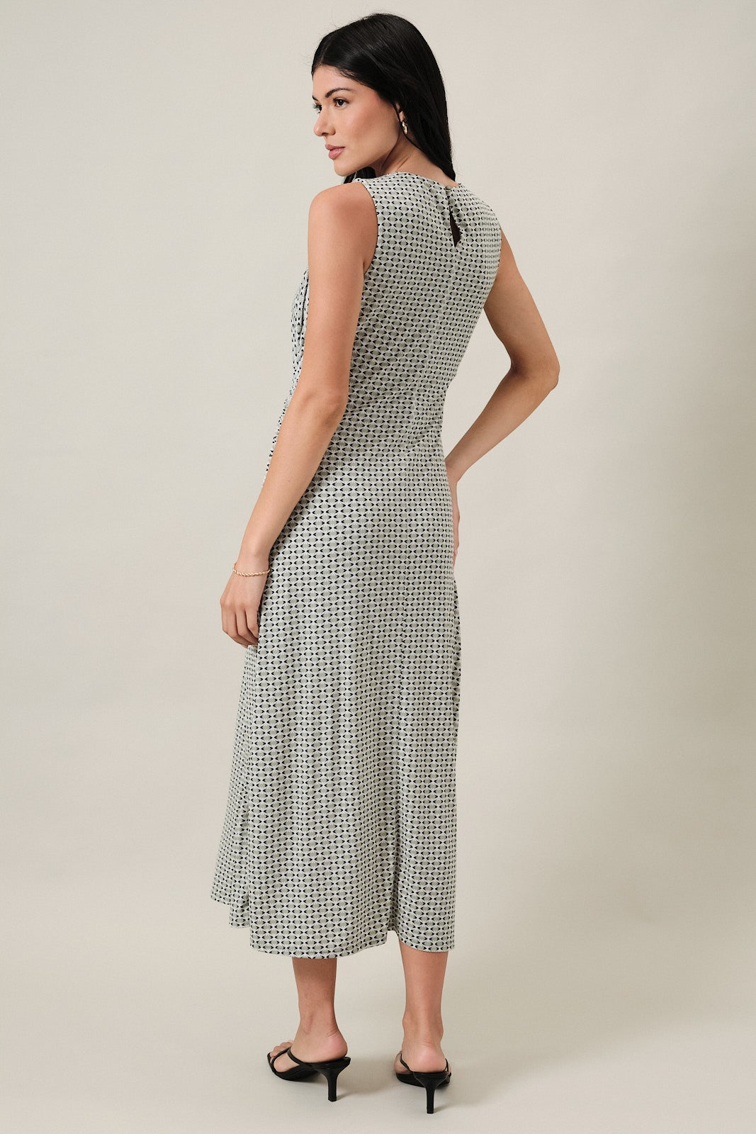 Sage Printed Gathered Side Knot Midi Dress