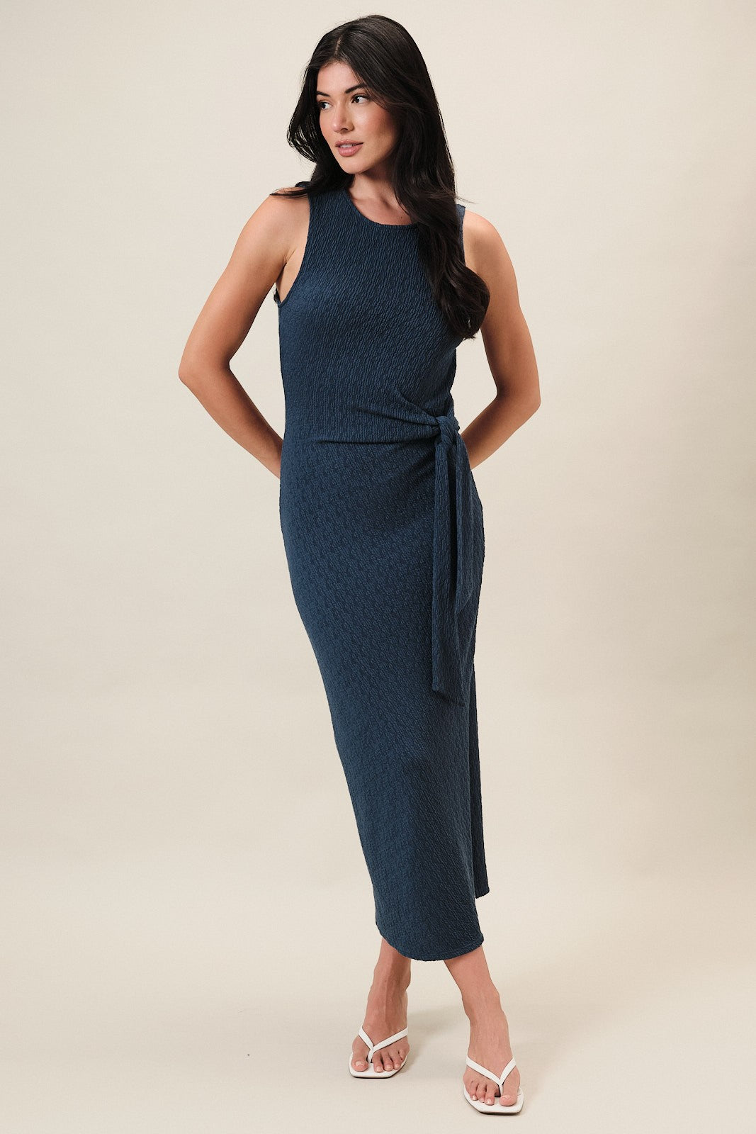 Midnight Jacquard Sleeveless Side Tie Maternity Midi Dress