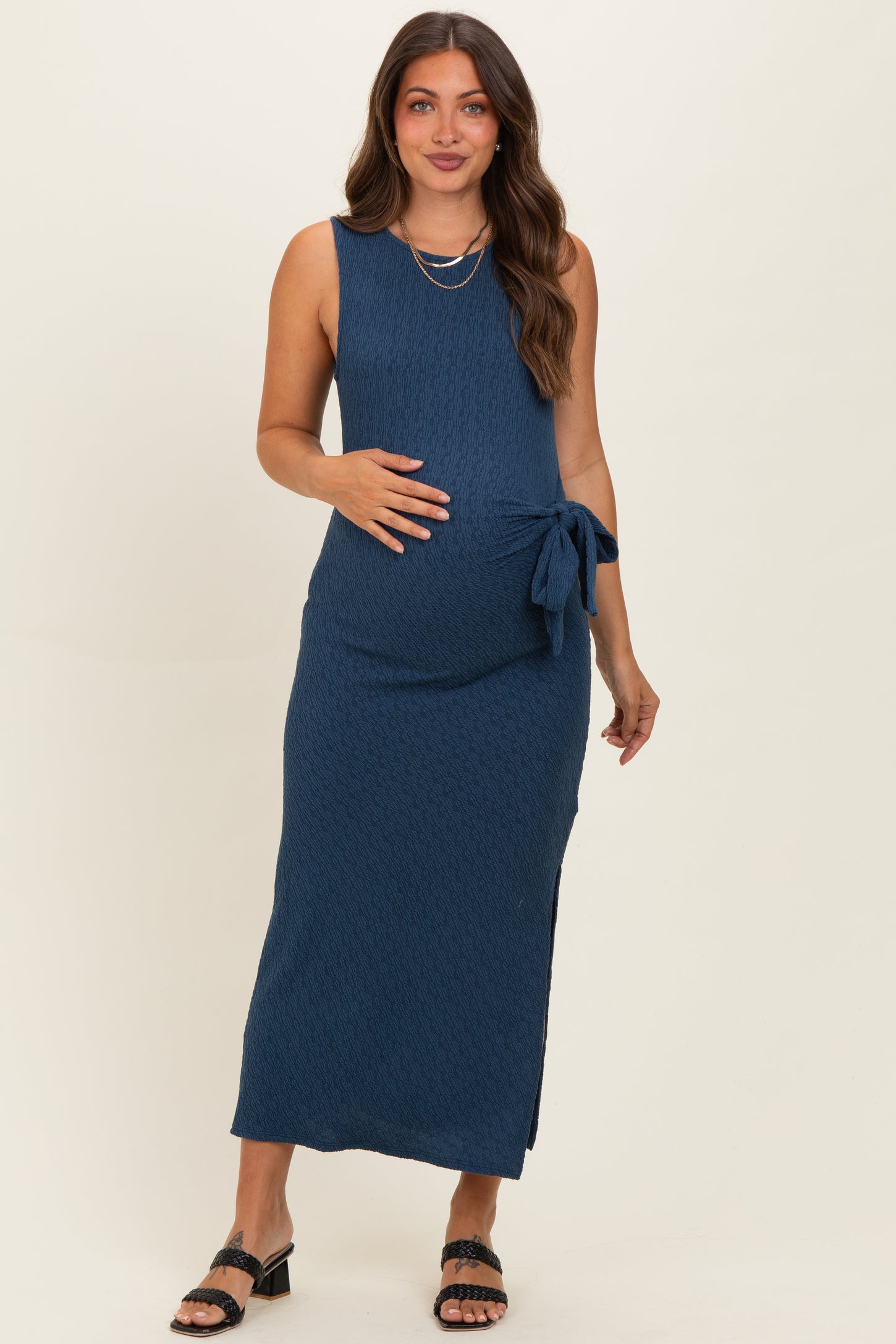 Midnight Jacquard Sleeveless Side Tie Maternity Midi Dress