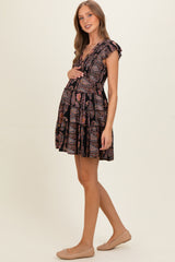 Black V Neck Smocked Bodice Flutter Sleeve Maternity Short Dress