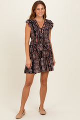 Black V Neck Smocked Bodice Flutter Sleeve Short Dress