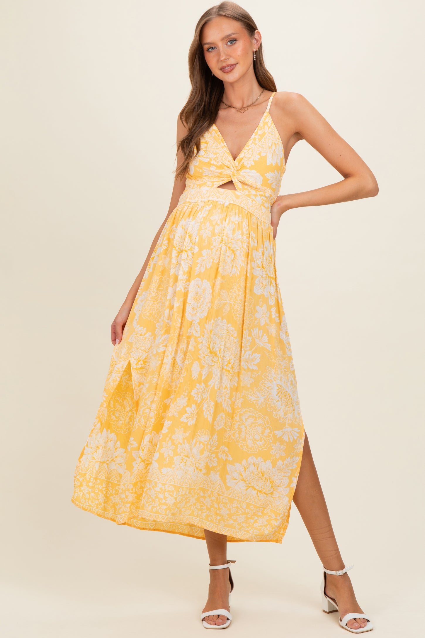 Yellow Floral Twisted Front Maternity Maxi Dress