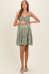 Green Floral Sleeveless Tiered Maternity Dress