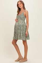 Green Floral Sleeveless Tiered Maternity Dress